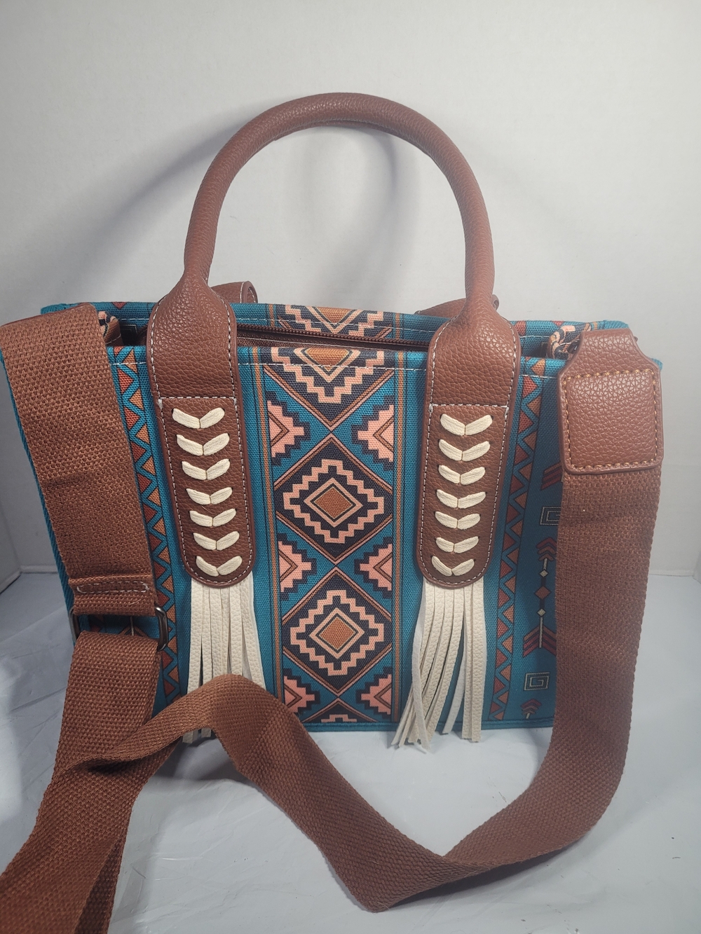 Source Unknown Teal & Brown Boho Fringe Shoulder Bag